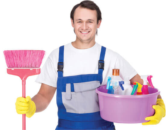 photo of a cleaner with his equipment ready for work