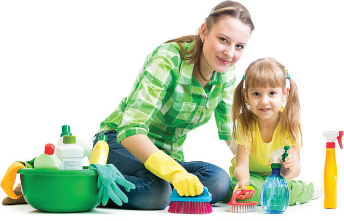 Image of a cleaner and her child cleaning a floor