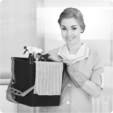 photo of a female cleaner getting ready for work