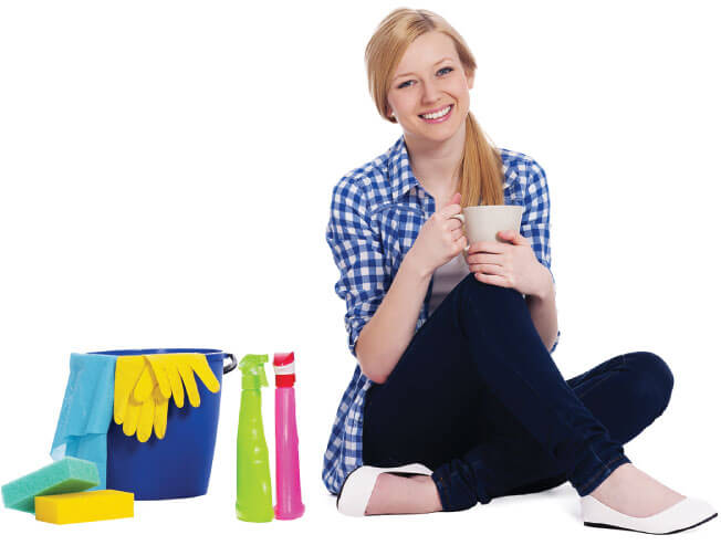 photo of a female cleaner having a break with a nice cup of tea