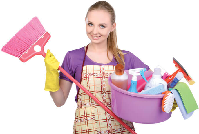photo of a cleaner with her tools ready for work